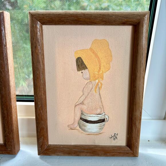 Vintage Framed Paintings Boy And Girl on Chamber Pots, set of 2 - Picture 3 of 11